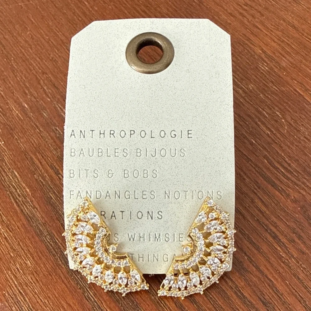 Anthropologie‎ 14K Gold Plated Crystal Fan Bridal Formal Statement Earrings NWT